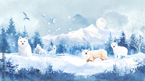 Snowy tundra with arctic animals, frozen ecosystem, watercolor style. Snowy Tundra. Illustration photo