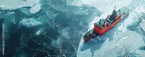 Icebreaker ship navigating icy ocean water