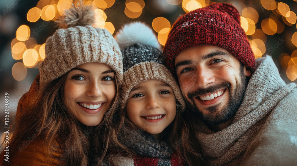 A family of three, a man and two women, are smiling and posing for a picture. They are all wearing hats and scarves, and the man is wearing a beard. Scene is warm and happy A family of three, a man and two women, are smiling and posing for a picture. They are all wearing hats and scarves, and the man is wearing a beard. Scene is warm and happy