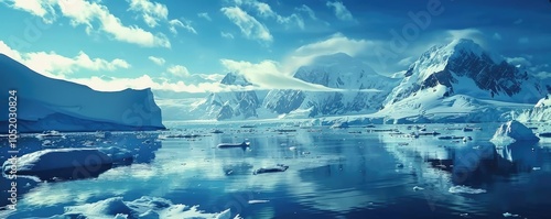 Serene icy landscape with distant mountain peaks.