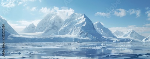 Serene icy landscape with distant mountain peaks.