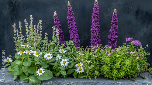 Purple and White Flowers in a Garden Bed, purple flowers, floral, flower arrangement, garden design, backyard photo