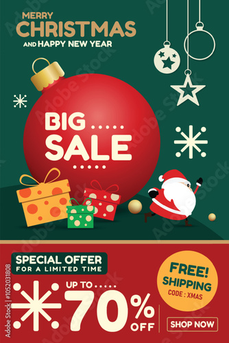 Christmas sale promotional design with Santa Claus, mobile phone, and gift boxes. Perfect for holiday sales banners, ads and festive promotions with free shipping offers. vector design
