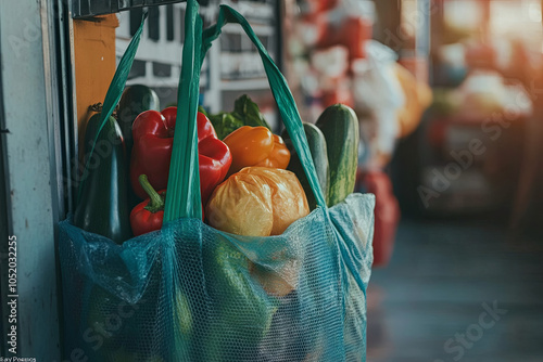 Fototapeta Naklejka Na Ścianę i Meble -  A reusable shopping bag filled with fresh fruits and vegetables, avoiding plastic waste