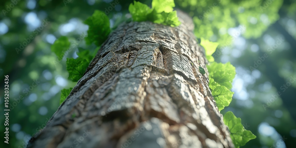 Fototapeta premium Close up of Tree Bark with Sunlight and Green Leaves