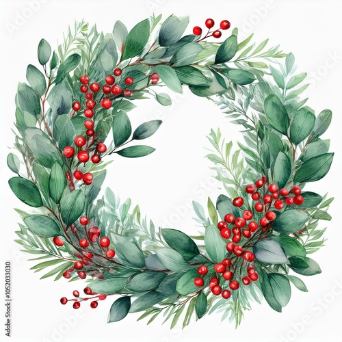 beautiful watercolor wreath with hand drawn eucalyptus branches leaves and red berries stock clipart illustration ready print design photo