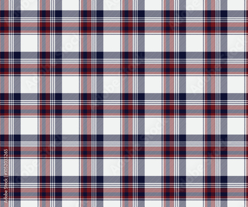 Plaid fabric pattern, white, red, navy, modern seamless cross lines pattern for textiles, and for designing clothes, skirts or decorative fabrics. Vector illustration.