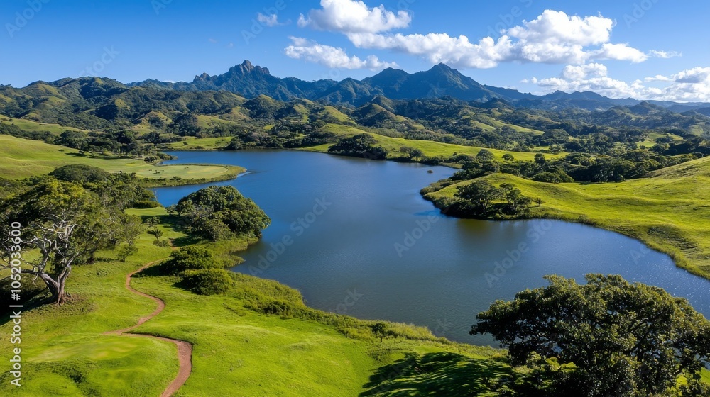 Obraz premium Serene Mountain Lake Lush Green Landscape Aerial View