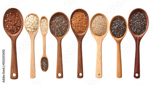 A row of wooden spoons with different sizes and shapes. transparent background png