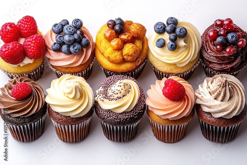 An assortment of colorful and delicious cupcakes on a white background.