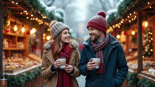 Romantic Winter Stroll: Couple Enjoying Christmas Market Magic - Perfect for Holiday Campaigns and Travel Promotions