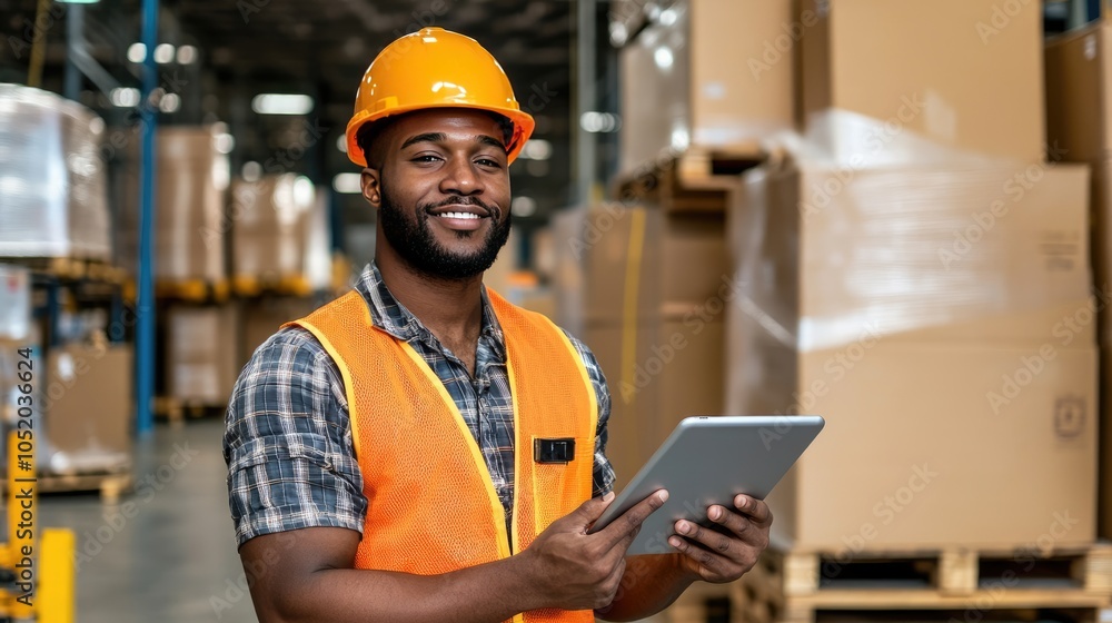 A warehouse worker examines data visualizations on a tablet, showcasing charts and graphs against a backdrop of stocked shelves A warehouse worker examines data visualizations on a tablet, showcasing charts and graphs against a backdrop of stocked shelves