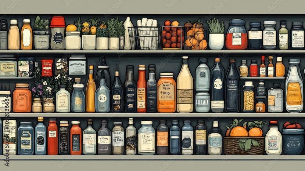 A Detailed Illustration of a Well-Stocked Pantry Shelf A Detailed Illustration of a Well-Stocked Pantry Shelf