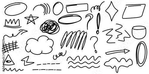 Abstract line object isolated. Elements scribble of abstract lines, curve line, waving, rectangle, circle, ellipse, stars shape, bubble, arrow, and other freehand elements. Hand drawn funny drawing.