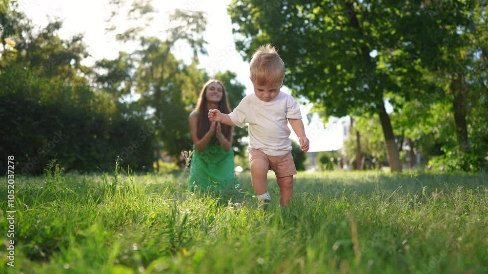 Happy family. Mother and son take their first steps. Child mother step concept. A baby is taking the first steps in the grass. Mom and baby taking first lifestyle steps in the grass. Happy family. Mother and son take their first steps. Child mother step concept. A baby is taking the first steps in the grass. Mom and baby taking first lifestyle steps in the grass.