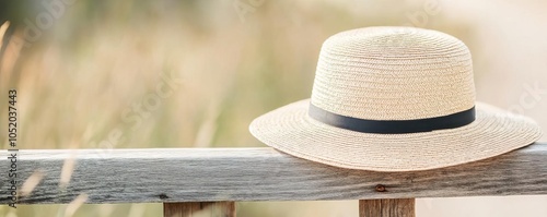 Rustic straw hat on a wooden fence, warm rural scenery