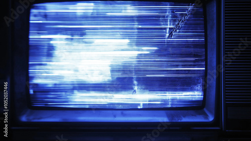 Distorted TV screen displaying a VHS-style glitch with static lines, flickers, and ghosting effects. Bluish tint and warm distortion lines create an authentic analog feel.