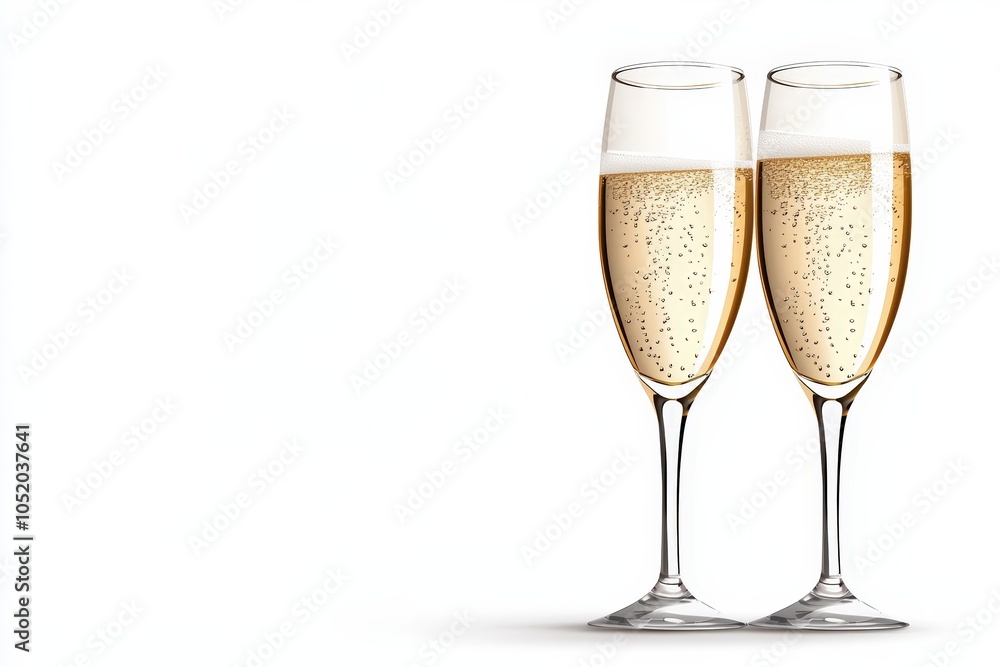 Two elegant champagne flutes filled with bubbly liquid, perfect for celebrations and toasting special moments. Two elegant champagne flutes filled with bubbly liquid, perfect for celebrations and toasting special moments.