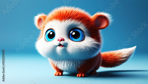 A cartoon animal with blue eyes and a fluffy tail stands on a blue background