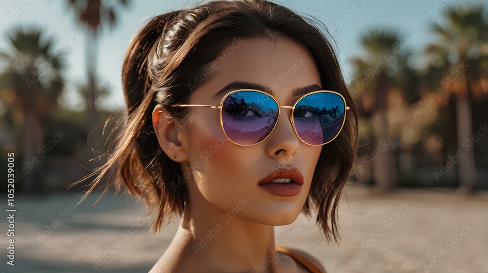 Stylish female model with vibrant makeup wearing trendy sunglasses outdoor Stylish female model with vibrant makeup wearing trendy sunglasses outdoor