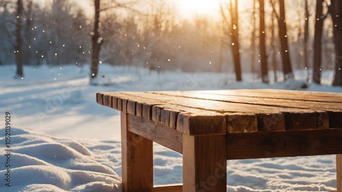 Wallpaper Mural The empty wooden table top with blur background of Winter Snow. Exuberant image golden sunshine Torontodigital.ca