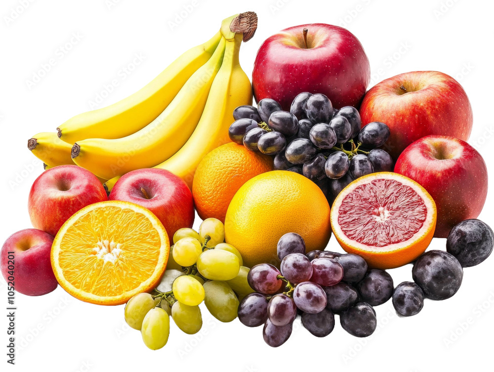 A bunch of fruit including apples, oranges, grapes, and bananas. transparent background png A bunch of fruit including apples, oranges, grapes, and bananas. transparent background png