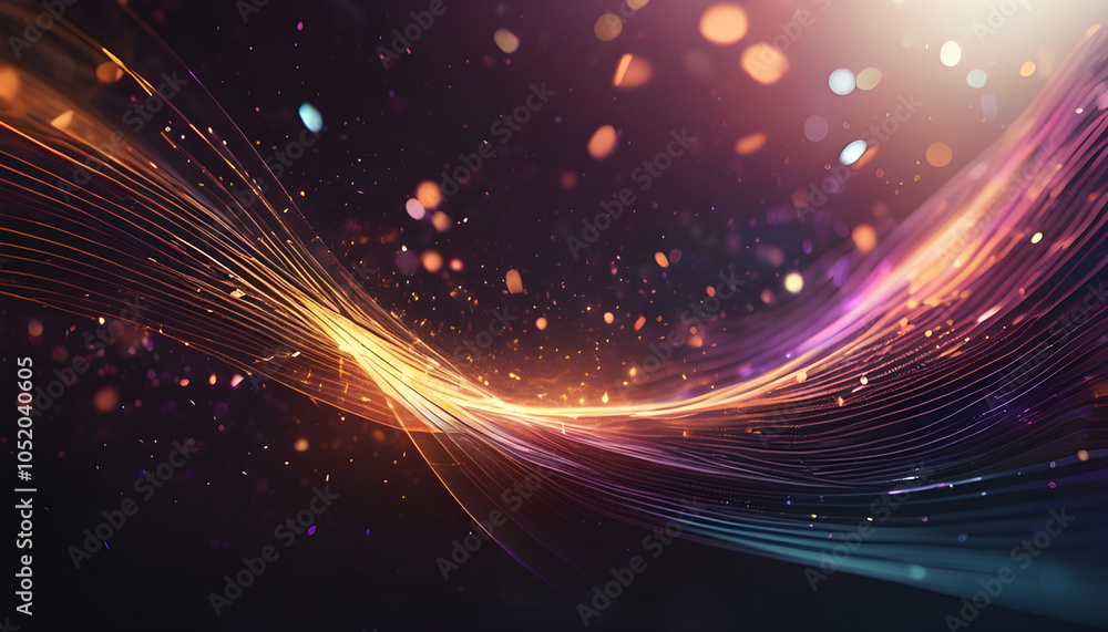 Obraz premium The golden line data graph is wavy in the air. The background is a dark surface with reflections that look like studio lights.