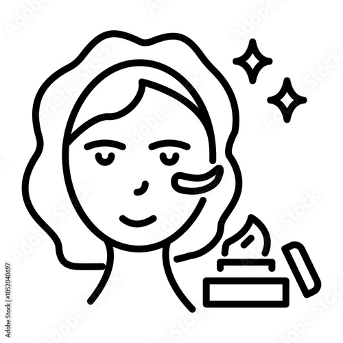 A line icon of a woman applying facial cream, line style icon 