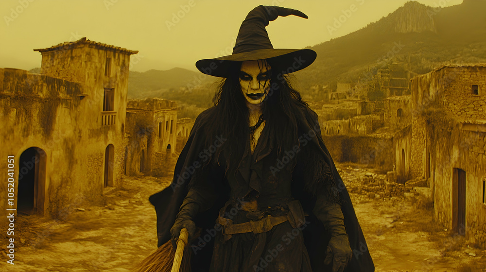 A menacing witch in a black robe and pointed hat stands in a deserted village, her eyes gleaming with evil. A menacing witch in a black robe and pointed hat stands in a deserted village, her eyes gleaming with evil.