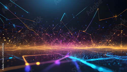 The golden line data graph is wavy in the air. The background is a dark surface with reflections that look like studio lights.