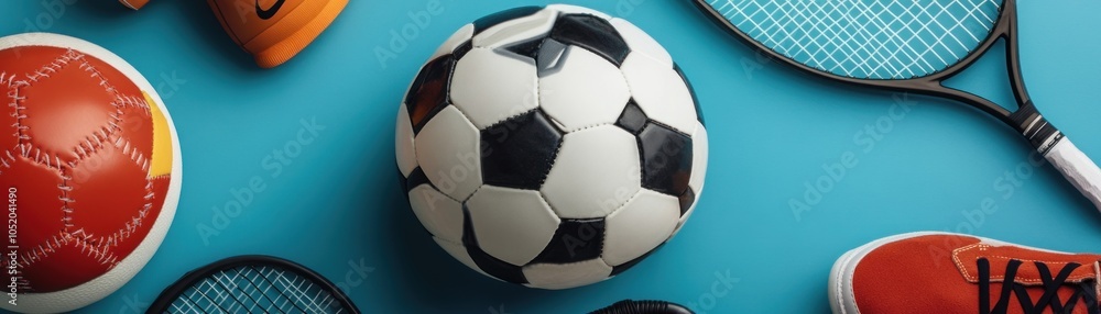 Fototapeta premium A collection of sports equipment including a soccer ball, tennis racquets, and shoes.