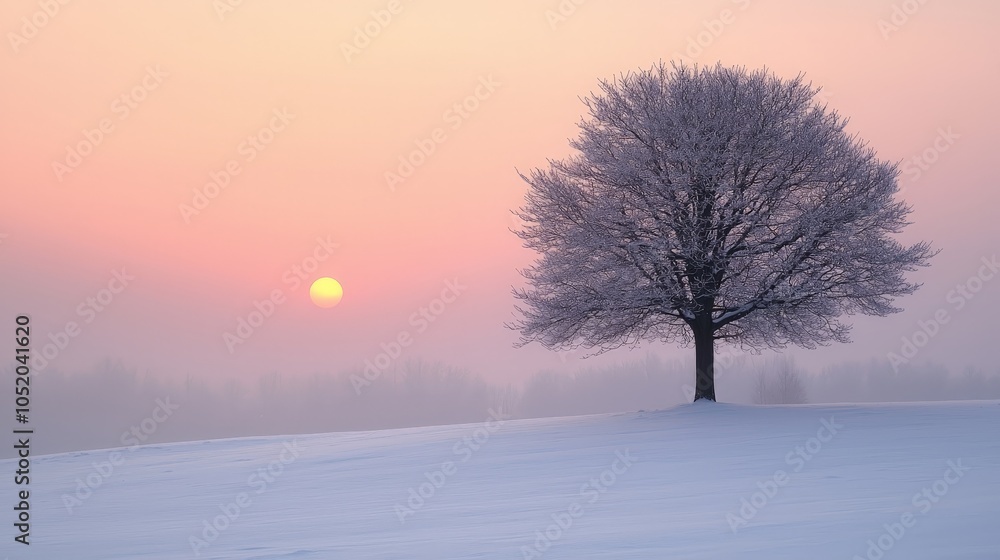 A serene winter landscape featuring a solitary tree against a pastel sunset. A serene winter landscape featuring a solitary tree against a pastel sunset.