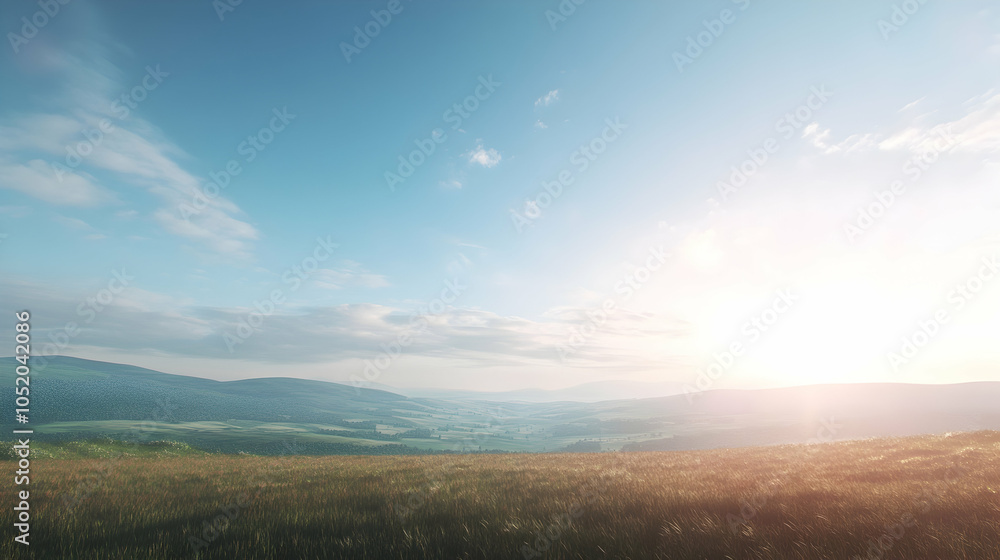 Fototapeta premium Sunset over a Field of Green, sky, clouds, grass, landscape, nature