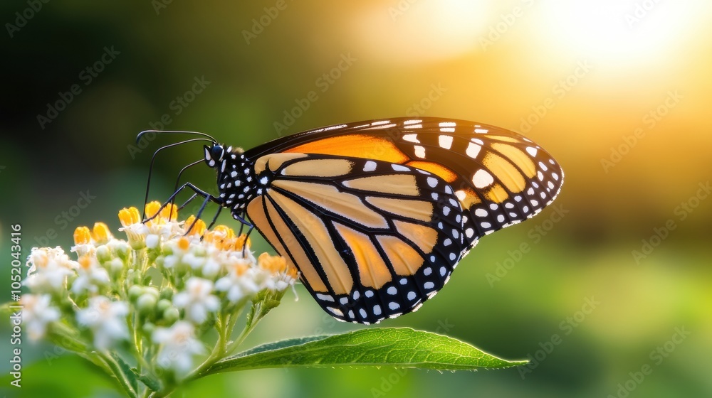 Fototapeta premium Monarch butterfly perched on white flowers in a sunlit garden, AI