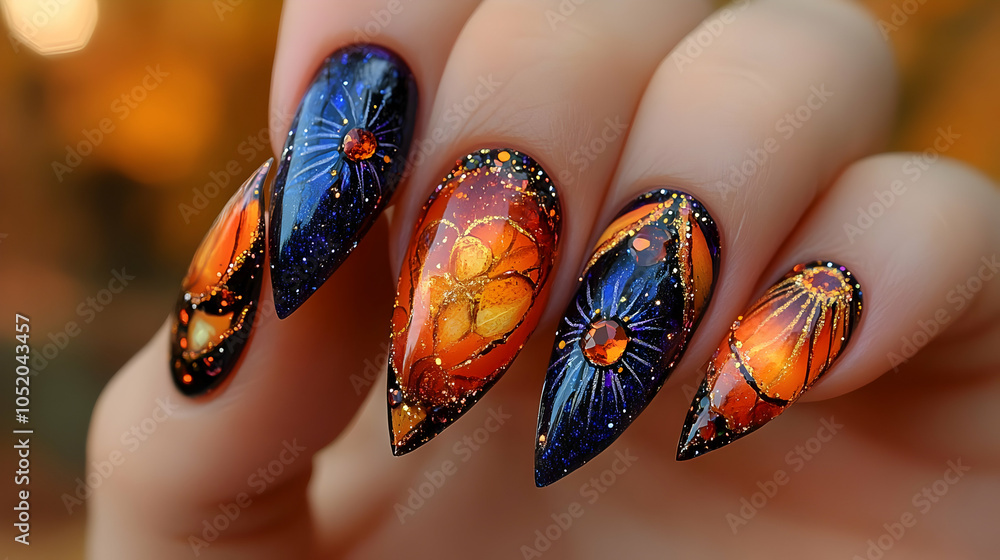 Orange and Blue Nail Art with Glitter and Flowers Orange and Blue Nail Art with Glitter and Flowers