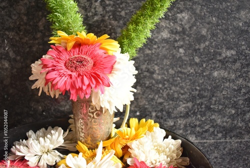 Photos A closeup picture of colorful barberton daisy flowers arranged in a vase