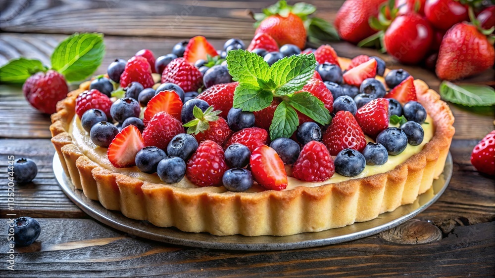A buttery, flaky crust filled with a smooth, creamy custard, adorned with a vibrant medley of plump blueberries, juicy strawberries, and ruby-red raspberries, creating a delightful summer dessert. A buttery, flaky crust filled with a smooth, creamy custard, adorned with a vibrant medley of plump blueberries, juicy strawberries, and ruby-red raspberries, creating a delightful summer dessert.