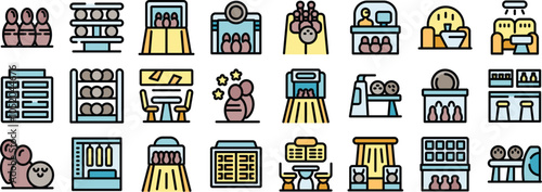 Bowling alley icons set in modern filled outline style, depicting various aspects of the sport and entertainment venue