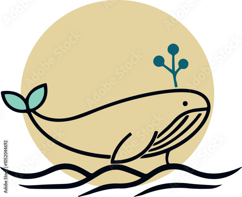 A whale with a leaf on its head is swimming in the ocean