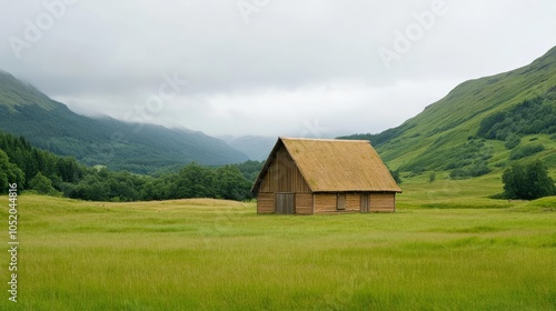 Straw-roofed barn in a green valley, traditional countryside scene