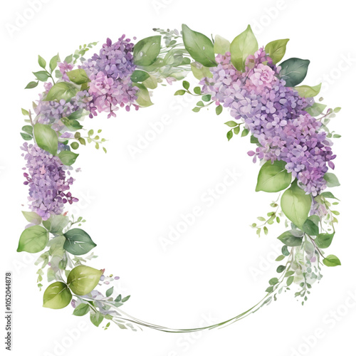 Lilac flower frame with a bouquet of blooming branches and leaves, showcasing the beauty of spring and summer in shades of purple and pinkA beautiful lilac flower frame with blooming branches photo