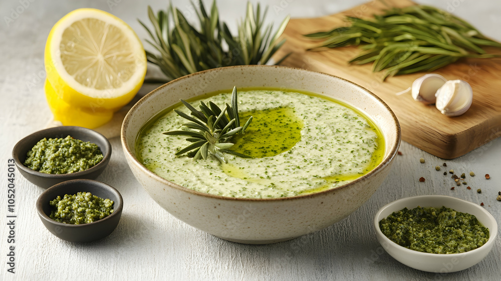 Green Pesto Sauce with Lemon and Rosemary, basil pesto, garlic, olive oil, herbs, spices Green Pesto Sauce with Lemon and Rosemary, basil pesto, garlic, olive oil, herbs, spices