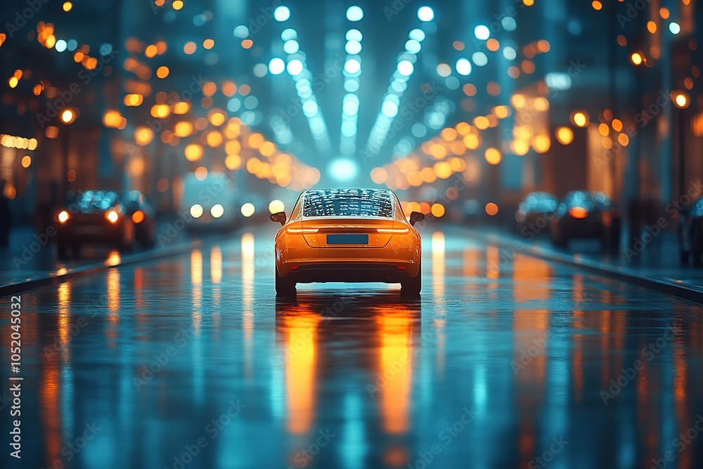 Fototapeta premium An orange car driving down a city street at night.