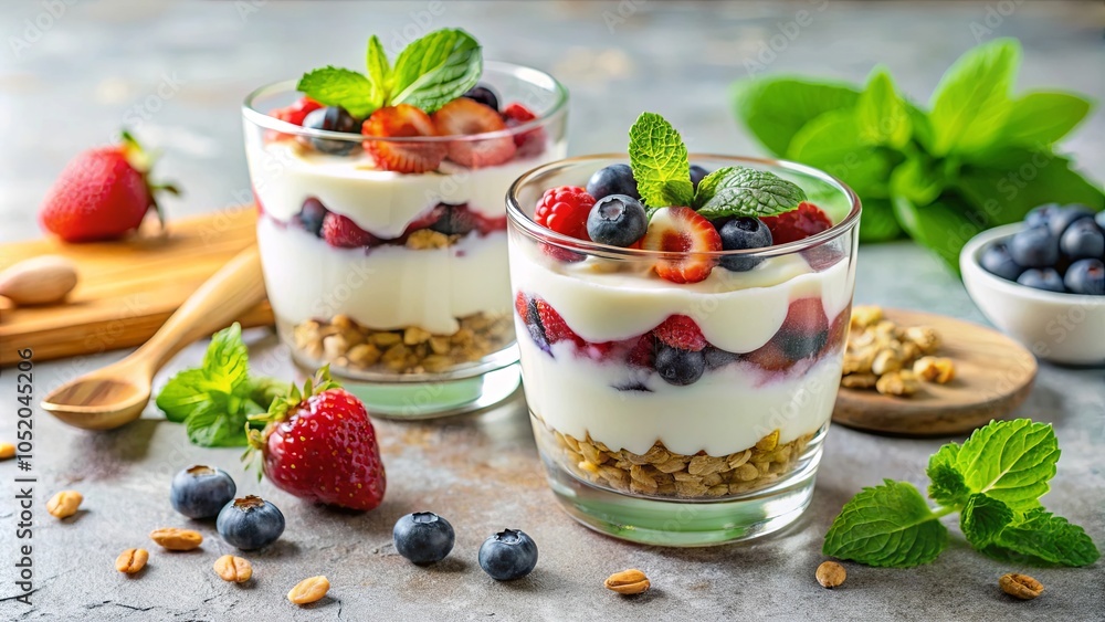 Layered Delights A Refreshing Parfait with Creamy Yogurt, Luscious Berries, and Crunchy Granola Layered Delights A Refreshing Parfait with Creamy Yogurt, Luscious Berries, and Crunchy Granola