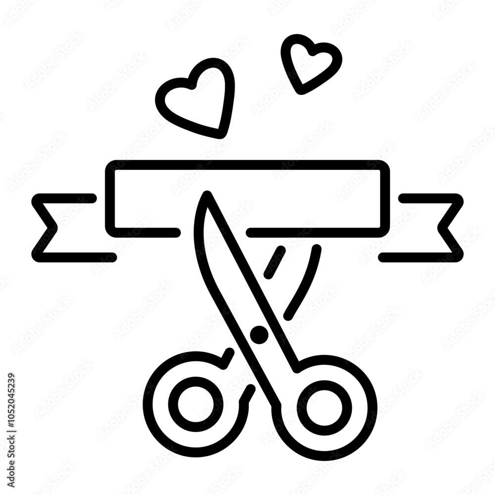 A line icon of ribbon cutting with scissors A line icon of ribbon cutting with scissors