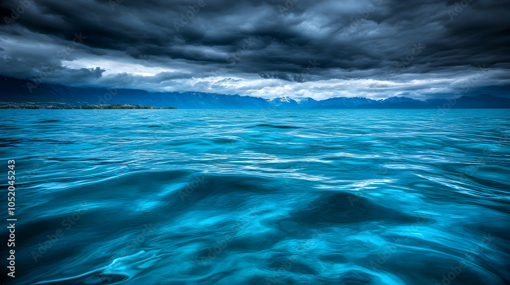 Fototapeta premium Dramatic Clouds Over Lake with Mountain Range, blue water, mountains, storm clouds, dark clouds, moody