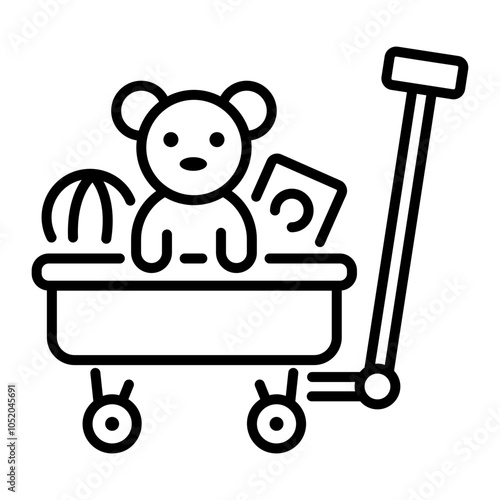 A linear icon of toy cart filled with various toys 