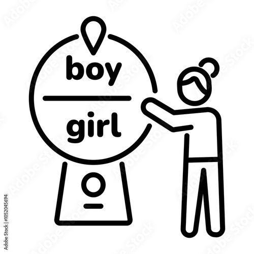 A line icon of a woman with gender reveal rotating board