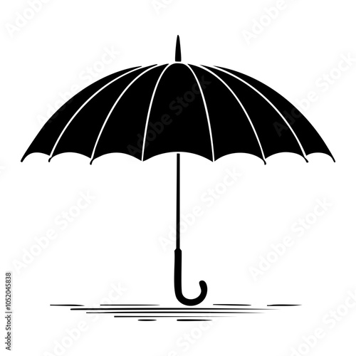 Black silhouette of an umbrella with details staying on white background. 