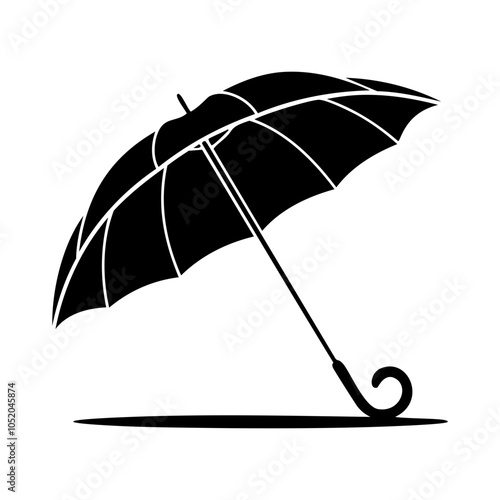 Classic black open umbrella silhouette with elegant form staying on white background. 